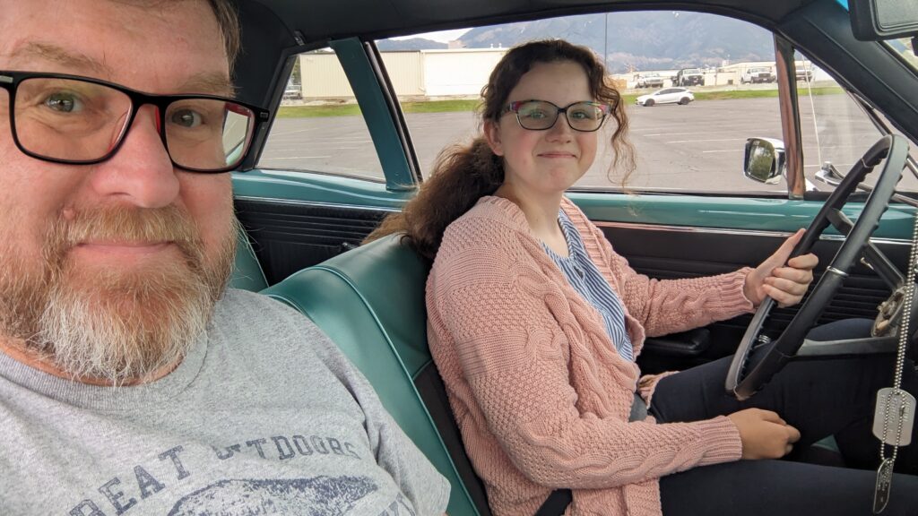 Charlotte's first driving lesson, and with an old manual transmission to boot.